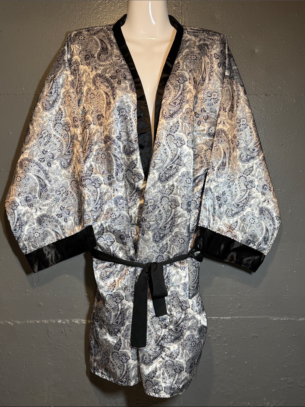Women's Silver Paisley Satin Kimono Robe with Black Trim
